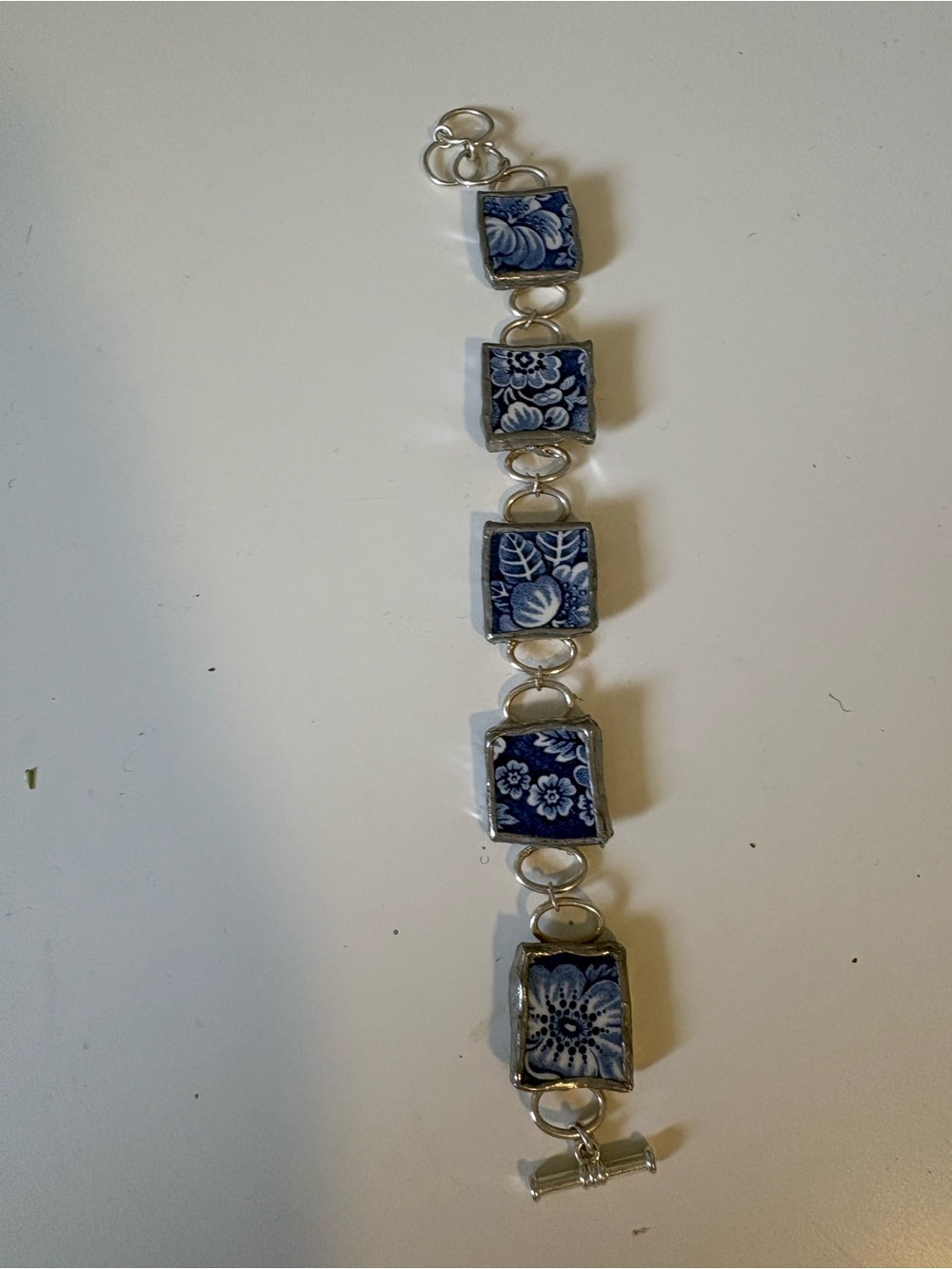 Handcrafted Blue Floral Tile Link Bracelet - Unbranded